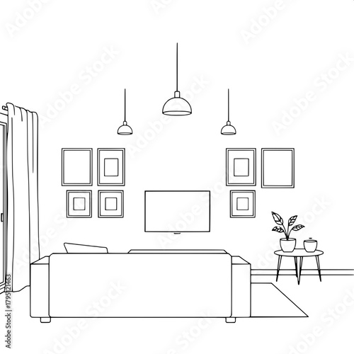 “Monochrome line illustration of a balanced living room setup: sofa bottom-left, TV centered on the wall, matching pendant lights above, framed art arranged neatly, and a small table with a plant on t