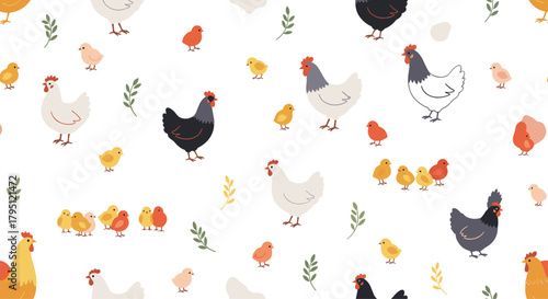 Seamless pattern featuring a variety of colorful chickens and chicks with leafy sprigs on a clean white background, perfect for farm-themed designs.