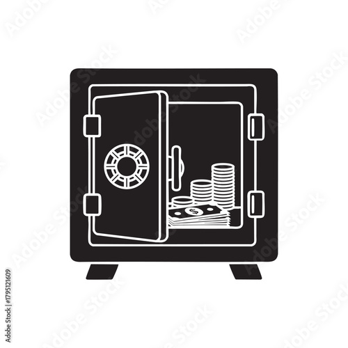 Open black safe with money and coins inside