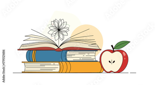 A colorful stack of books with an open page and a blossoming flower alongside a halved red apple, representing education and knowledge.