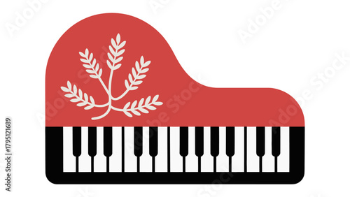 Piano with Symbolic Design: A stylized grand piano with a bold red finish, adorned with a symbolic design, creates a visually striking representation of music and artistry.