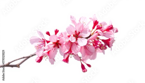 Fototapeta Naklejka Na Ścianę i Meble -  Delicate pink cherry blossom flowers blooming on a branch against a clean white background