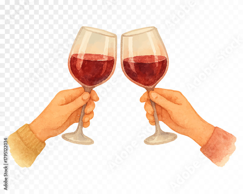 Watercolor illustration of two hands toasting with red wine glasses, warm celebratory festive moment, cozy holiday drink art for party, event and seasonal designs, vector illustration