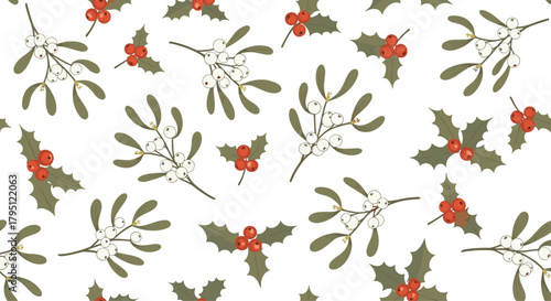 Festive seamless pattern featuring sprigs of mistletoe and holly berries on a clean white background, ideal for holiday designs and winter themes.