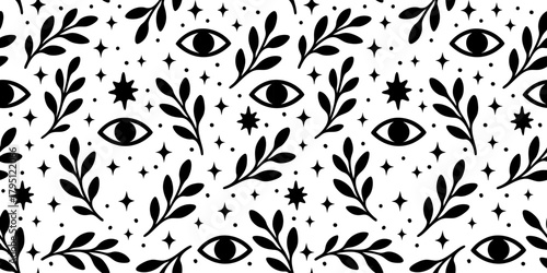 Mystical black and white seamless pattern with eyes, stars and botanical branches, magical celestial boho design for wallpapers, fabric and wrapping paper, vector illustration