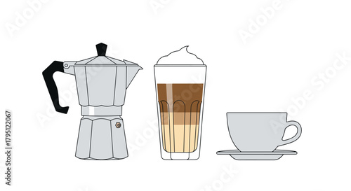 A still life illustration featuring a moka pot, a layered coffee drink resembling a macchiato, and a simple coffee cup with saucer, all on a white background.