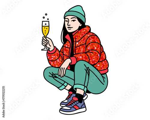 Trendy girl in puffer jacket and beanie holding champagne glass. Modern urban street style female character illustration in bold vector pop art style. Vector illustration.