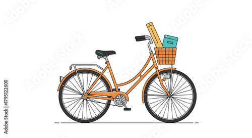 A charming vintage-style bicycle with a woven basket filled with groceries and a baguette, perfect for leisurely rides and errands around town.