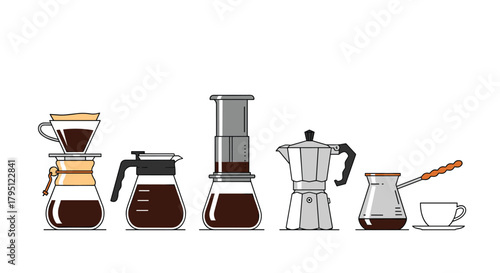 A colorful illustration showcasing various coffee brewing methods including pour over, french press, moka pot, and ibrik, offering a visual guide to coffee preparation.