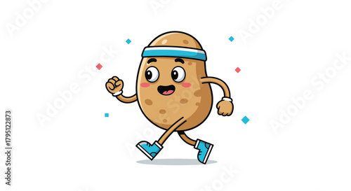 A cheerful cartoon potato character is running with a determined expression, wearing a blue headband and sneakers, surrounded by colorful confetti.