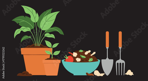 A vibrant illustration depicts indoor plants, a composting bowl filled with organic waste, and gardening tools, representing sustainable living and home gardening practices.