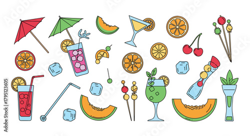 Colorful hand-drawn cocktail and fruit illustrations arranged in a playful composition, perfect for summer themes and beverage-related designs.