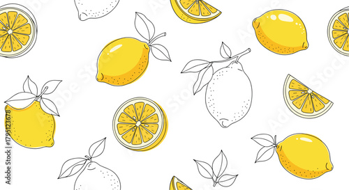 A cheerful seamless pattern featuring vibrant yellow lemons and delicate line-art illustrations, perfect for summery designs and fresh aesthetics.