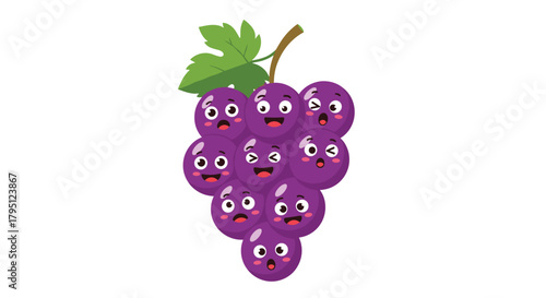 A cheerful bunch of purple grapes with cute faces and a green leaf, creating a playful and inviting illustration for healthy eating or fruit-themed designs.