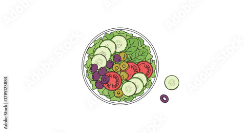 A vibrant and healthy salad featuring fresh cucumbers, juicy tomatoes, and flavorful olives arranged in a glass bowl, offering a nutritious meal option.