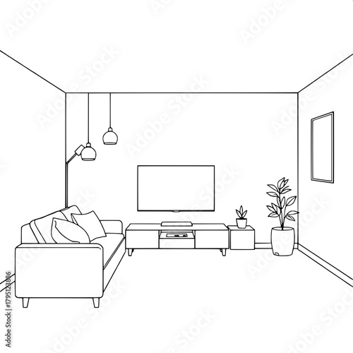 “Simple, modern line drawing of a living room interior. Sofa with pillows on the left. Centered flat-screen TV with two pendant lamps flanking it. Right side includes a table with a plant. Clean, symm
