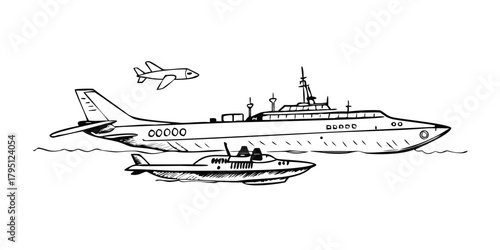 Aircraft carrier typical with Military airplane Raptor on board and submarine under, hand drawn doodle sketch, isolated vector outline army collection.