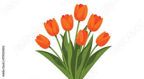 A vibrant bouquet of orange tulips with lush green leaves, beautifully arranged and isolated on a white background, symbolizing spring and freshness.