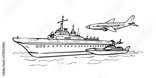 Aircraft carrier typical with Military airplane Raptor on board and submarine under, hand drawn doodle sketch, isolated vector outline army collection.