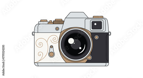 Vintage film camera illustration with decorative swirls and a classic design, perfect for nostalgic or photography-themed projects.