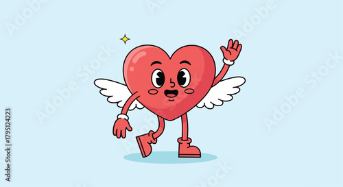 Charming cartoon heart character with wings cheerfully waving hello, a delightful illustration perfect for Valentine's Day or expressing love and affection.