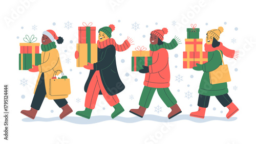 Holiday Gift Parade: A festive illustration shows a group of diverse individuals marching cheerfully, each carrying a stack of beautifully wrapped gifts.