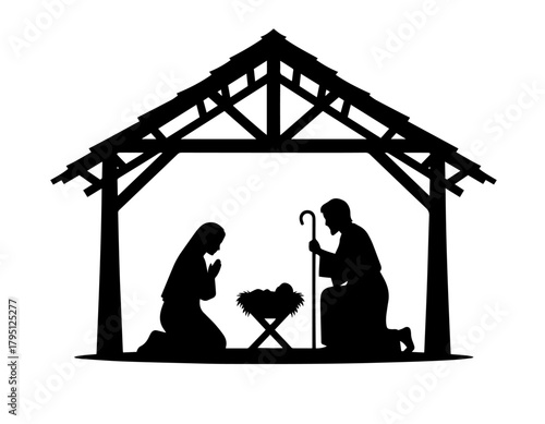 A minimalist black silhouette depicts the sacred Christian nativity, with Mary and Joseph kneeling over the infant Jesus in a humble manger