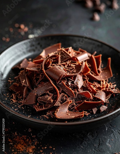 Close Up Dark Chocolate Shavings on Black Ceramic Plate with Textured Background