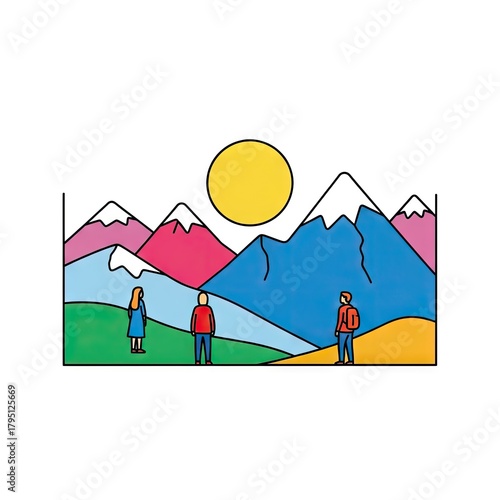 Three Figures Admiring Colorful Mountains and Bright Sun Against White Background