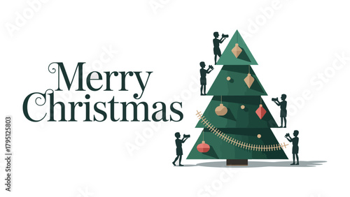 Christmas Greetings: A festive holiday illustration presents a decorated christmas tree with individuals. This image is perfect for spreading seasonal cheer and conveying a warm holiday message.