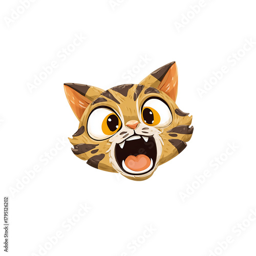 Cartoon cat head with open mouth and surprised expression on  a isolated on transparent background