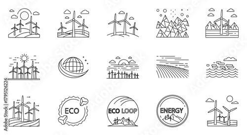 A collection of line art icons depicting wind energy, renewable power, and environmental sustainability concepts and symbols.