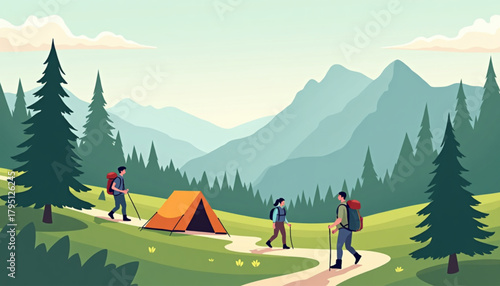Eco-travel slow tourism vector illustration of travelers exploring a peaceful U.S. national park landscape with pine trees, mountains, and sustainable outdoor elements.