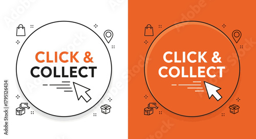 Click & Collect Icons with Cursor, Shopping Bag, Location Pin, Coins, and Box on Split Background