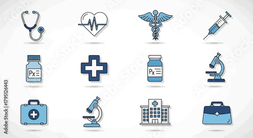 Set of Twelve Medical Icons Including Stethoscope, Syringe, Microscope, Heart Monitor, and Hospital Symbols