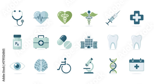 Comprehensive Medical and Healthcare Icon Set: Stethoscope, Heartbeat, Caduceus, Pills, and DNA
