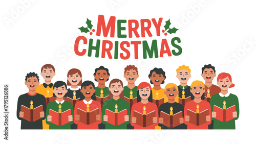 Holiday Harmony: A vibrant illustration depicts a chorus of singers, each holding candles and songbooks, spreading holiday cheer with a Merry Christmas message.