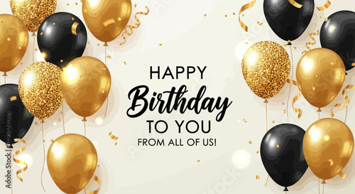 Elegant Birthday Greeting with Black and Gold Balloons, Confetti, and Bold Message on Light Background