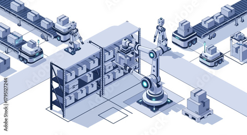 Futuristic Warehouse with Robotic Arms, Conveyor Belts, and Autonomous Systems in High-Tech Logistics Environment