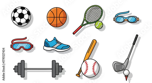 Set of Hand-Drawn Style Sports Equipment Icons: Soccer, Basketball, Tennis, Baseball, and Fitness