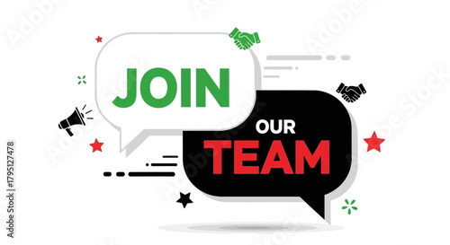 Join Our Team Message with Speech Bubbles, Stars, and Collaboration Icons in Bold Design