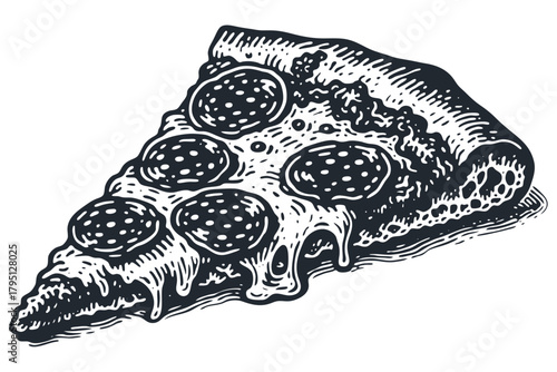 Hand-drawn pepperoni pizza slice in a vintage engraving style. Detailed vector illustration for pizzeria menus, logos, and fast food branding.