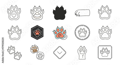 A collection of various paw print illustrations, showing diverse designs and styles.