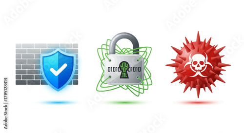 Cybersecurity Icons Representing Firewall Protection, Password Security, and Malware Threat