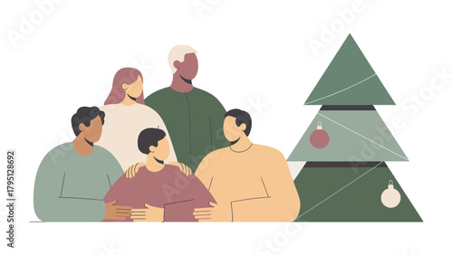 Family Christmas Gathering: A close-knit family, united by love and joy, gathers around a festive Christmas tree, sharing the warmth of the holiday season and celebrating togetherness. 