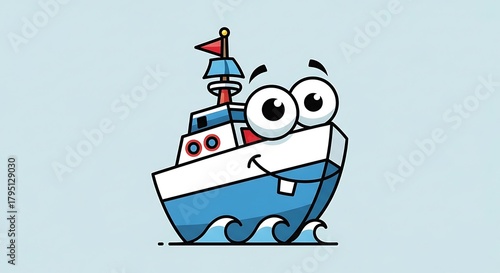 Cartoon Boat with Googly Eyes Floating on Waves.
