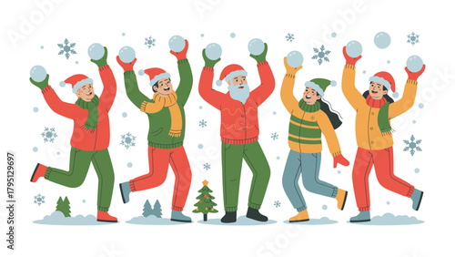 Joyful Snowball Fight: A lively group of people joyfully engage in a snowball fight amidst a snowy landscape, exuding the cheer and thrill of winter festivities. 