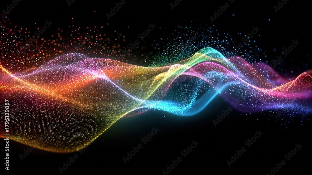 Obraz premium Colorful abstract particle wave with light streaks on black background
