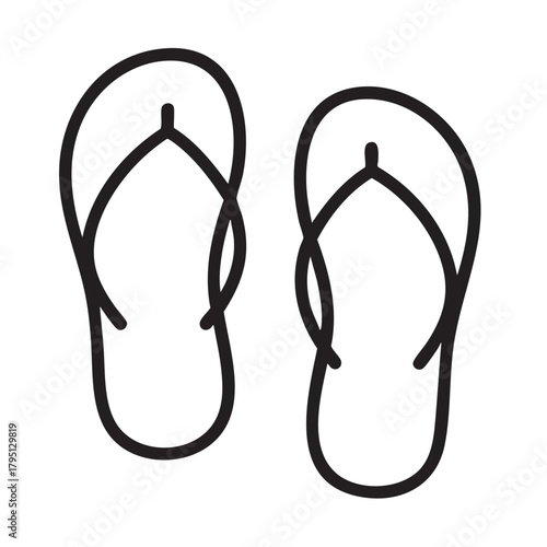 A simple line drawing depicts a pair of black flip flops symbolizing summer and relaxed footwear