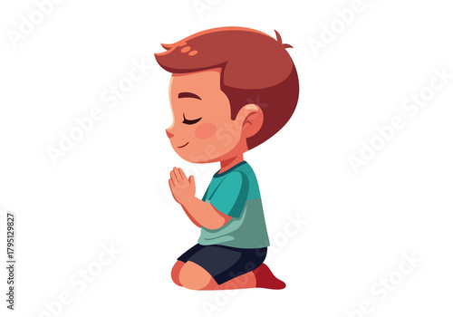 A young boy kneels with a serene smile and closed eyes, his hands clasped together in prayer, depicted in a clean and simple vector art style